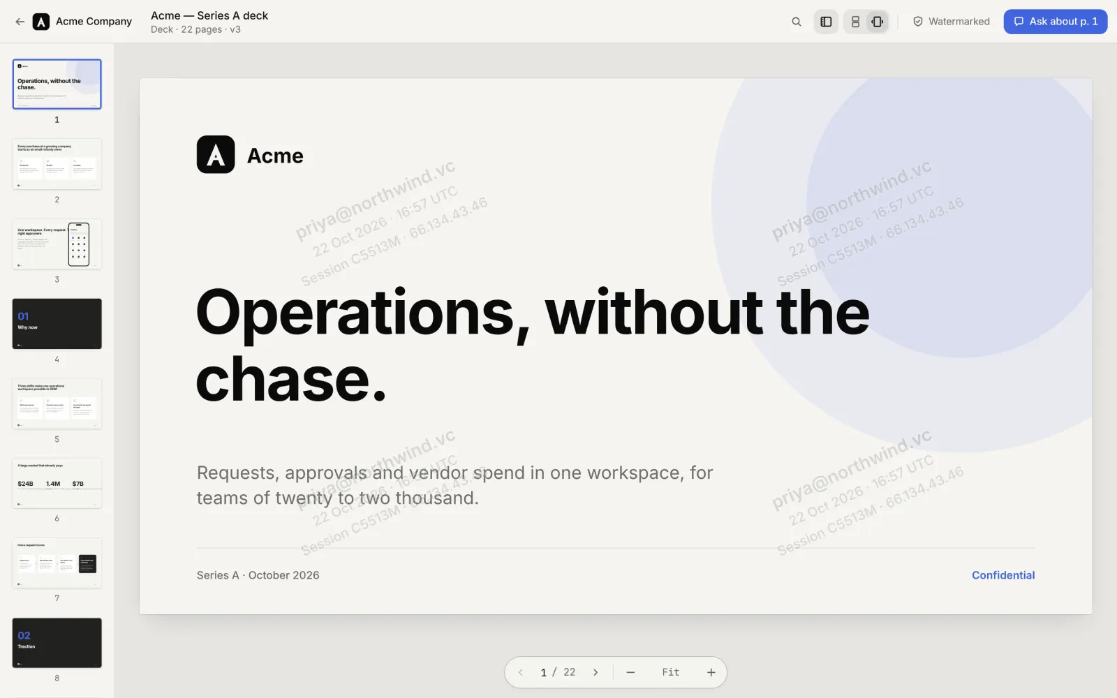 The secure document viewer: a pitch deck with a per-viewer watermark and page thumbnails.
